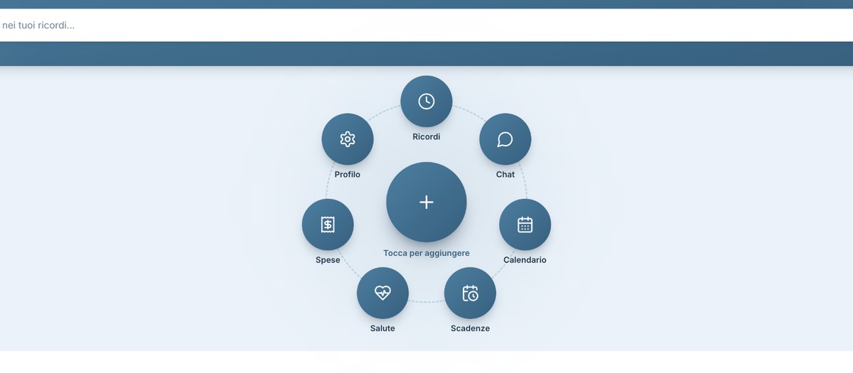 IMRECALL dashboard with a circular hub for memories, chat, calendar, deadlines, health and expenses