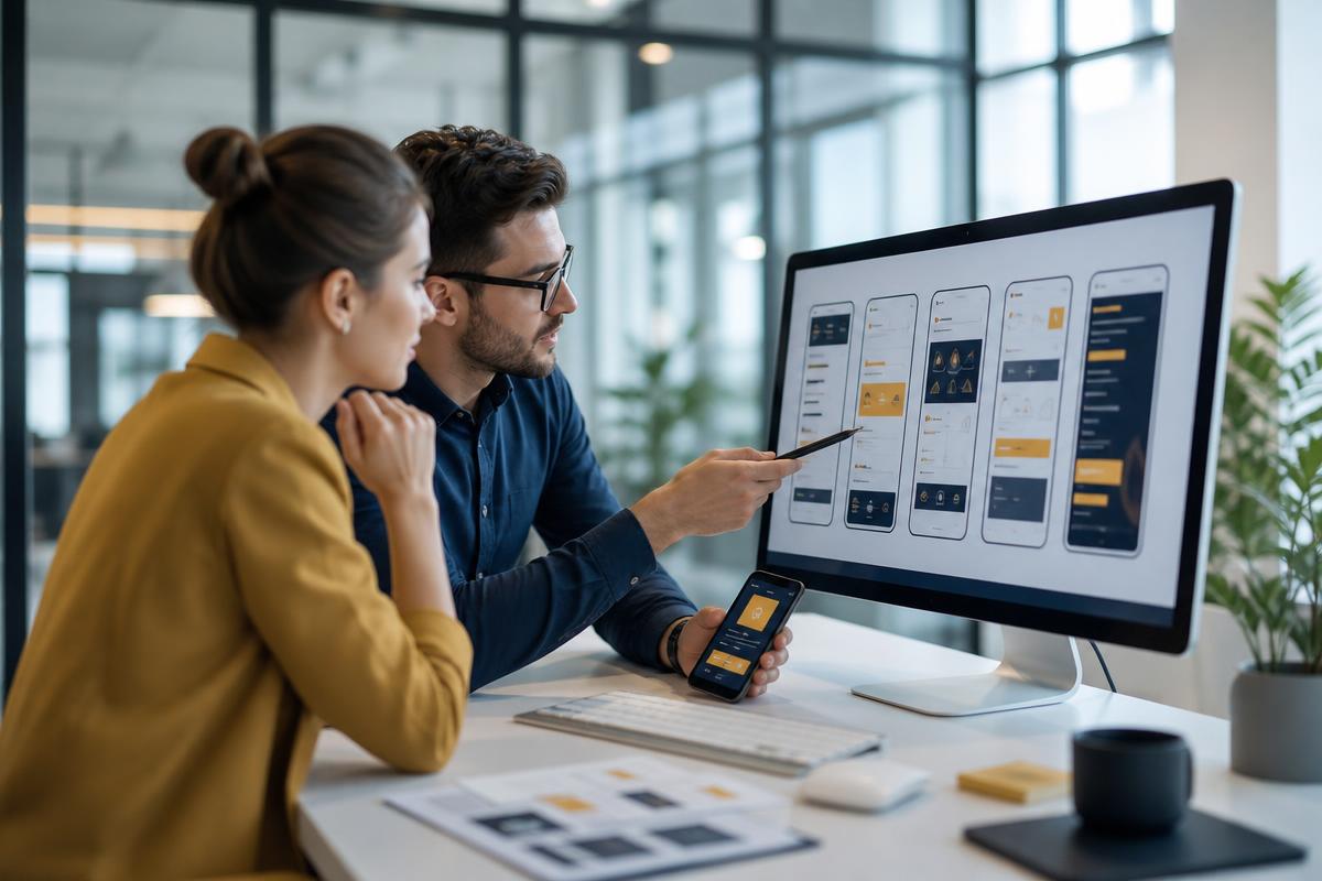 Product designers reviewing a mobile application interface in a modern studio