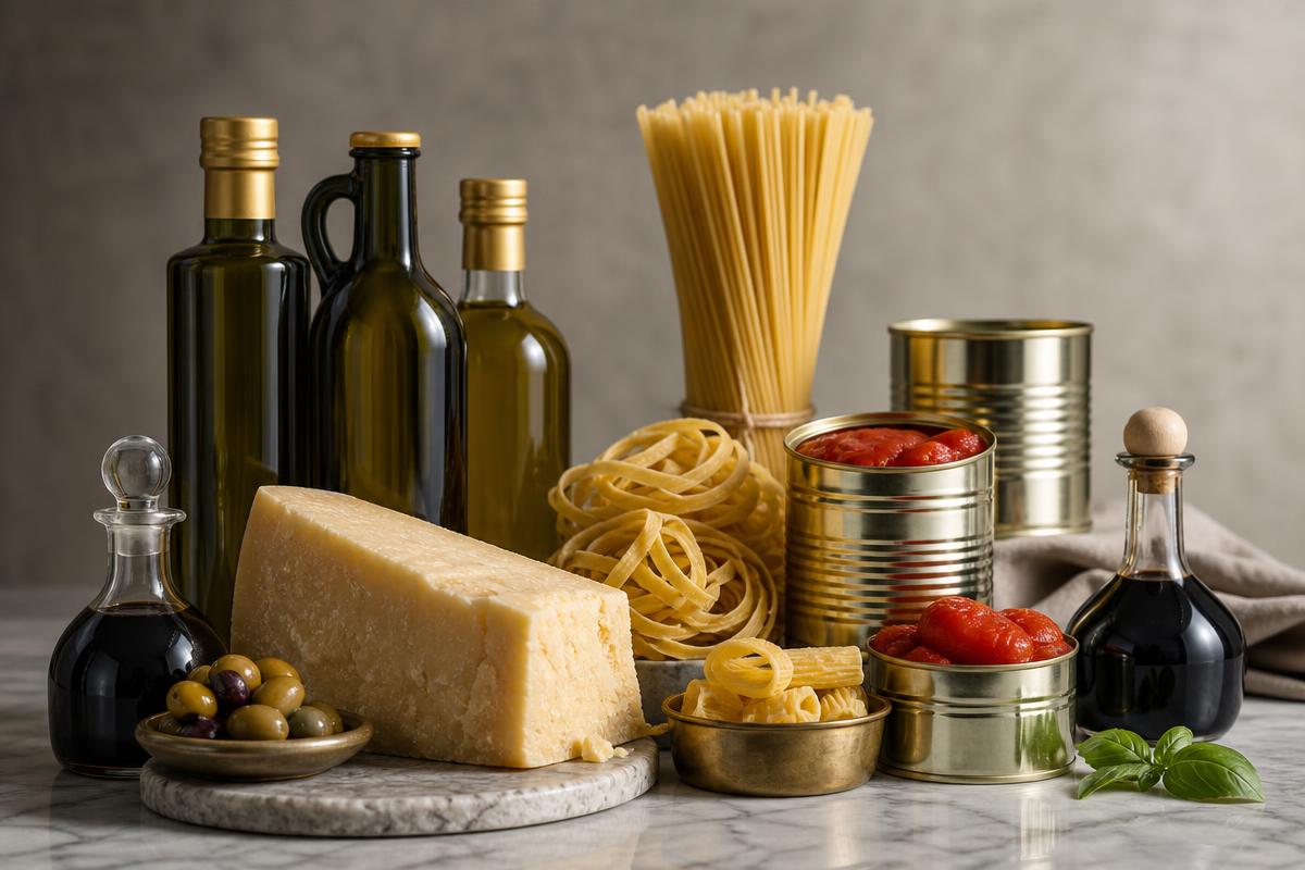 Premium Italian food export products including olive oil, aged cheese and pasta